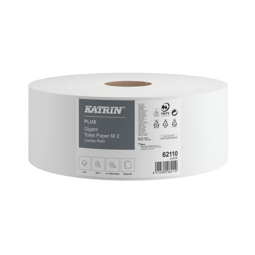 Katrin Jumbo Toilet Roll 2-Ply 60mm Core Refill (Pack of 6) 62110