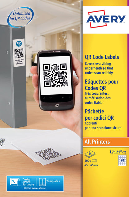 Avery QR Code Label 45x45mm 20 Per A4 Sheet White (Pack 500 Labels) - L7121-25