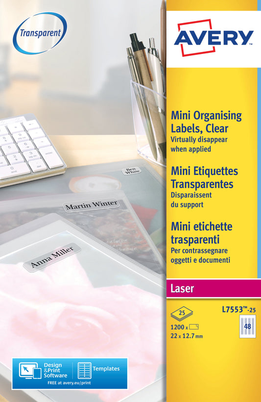 Avery Laser Mini Label 22x127mm 48 Per A4 Sheet Clear (Pack 1200 Labels) L7553-25