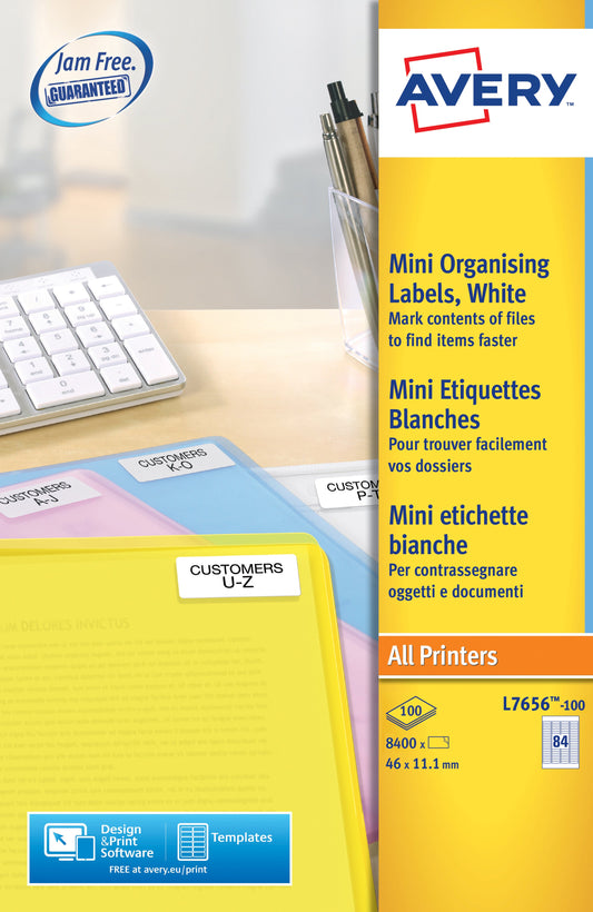 Avery Laser Mini Label 46x11mm 84 Per A4 Sheet White (Pack 8400 Labels) L7656-100