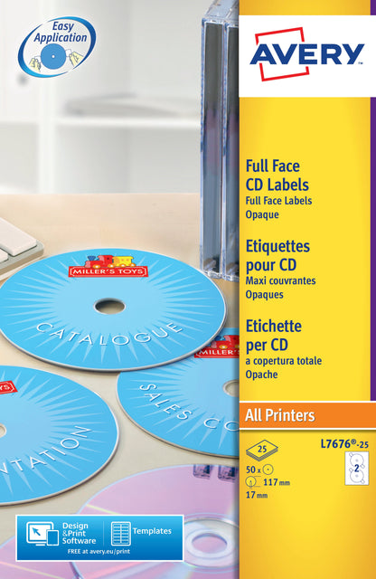 Avery Full Face CD/DVD Matt Label 117mm Diameter 2 Per A4 Sheet White (Pack 50 Labels) L7676-25