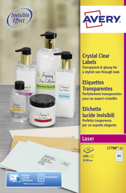 Avery Laser Label 40mm Diameter 24 Per A4 Sheet Crystal Clear (Pack 600 Labels) L7780-25