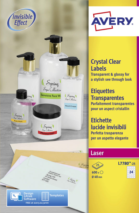 Avery Laser Label 40mm Diameter 24 Per A4 Sheet Crystal Clear (Pack 600 Labels) L7780-25