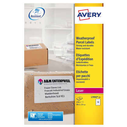 Avery Laser Weatherproof Parcel Label 99x57mm 10 Per A4 Sheet White(Pack 250 Labels)L7992-25