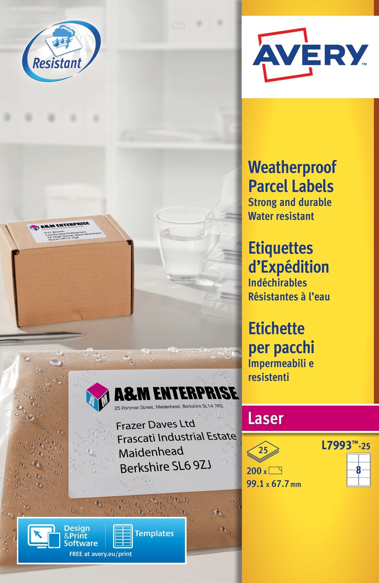 Avery Laser Weatherproof Parcel Label 99x67mm 8 Per A4 Sheet White (Pack 200 Labels) L7993-25