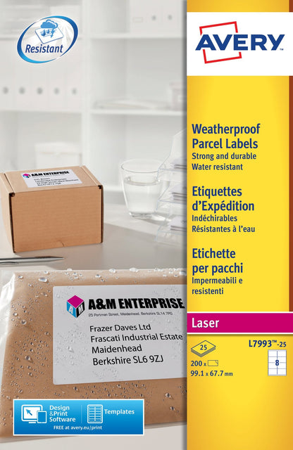 Avery Laser Weatherproof Parcel Label 99x67mm 8 Per A4 Sheet White (Pack 200 Labels) L7993-25