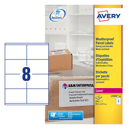 Avery Laser Weatherproof Parcel Label 99x67mm 8 Per A4 Sheet White (Pack 200 Labels) L7993-25
