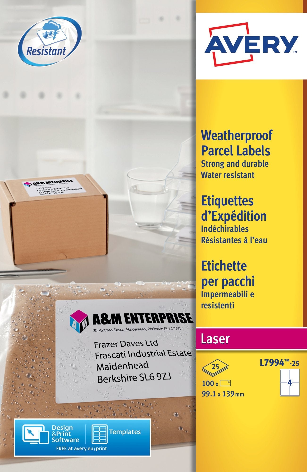 Avery Laser Weatherproof Parcel Label 99x139mm 4 Per A4 Sheet White (Pack 100 Labels) L7994-25