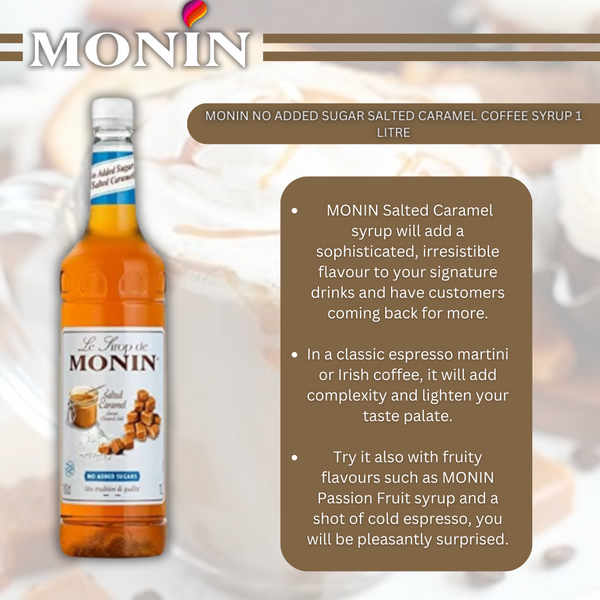 Monin Salted Caramel Coffee Syrup No Added Sugars 1 litre (Plastic) DATED 30/04/2023