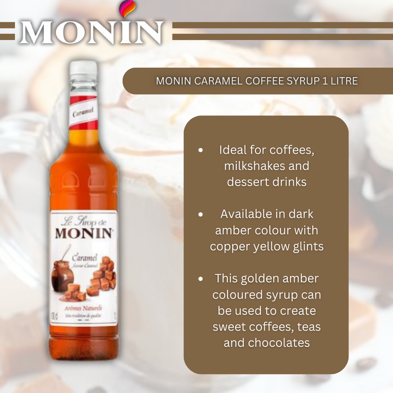 MONIN Premium Caramel Syrup 1L for Coffee & Cocktails. 100% Natural Flavours & Colourings