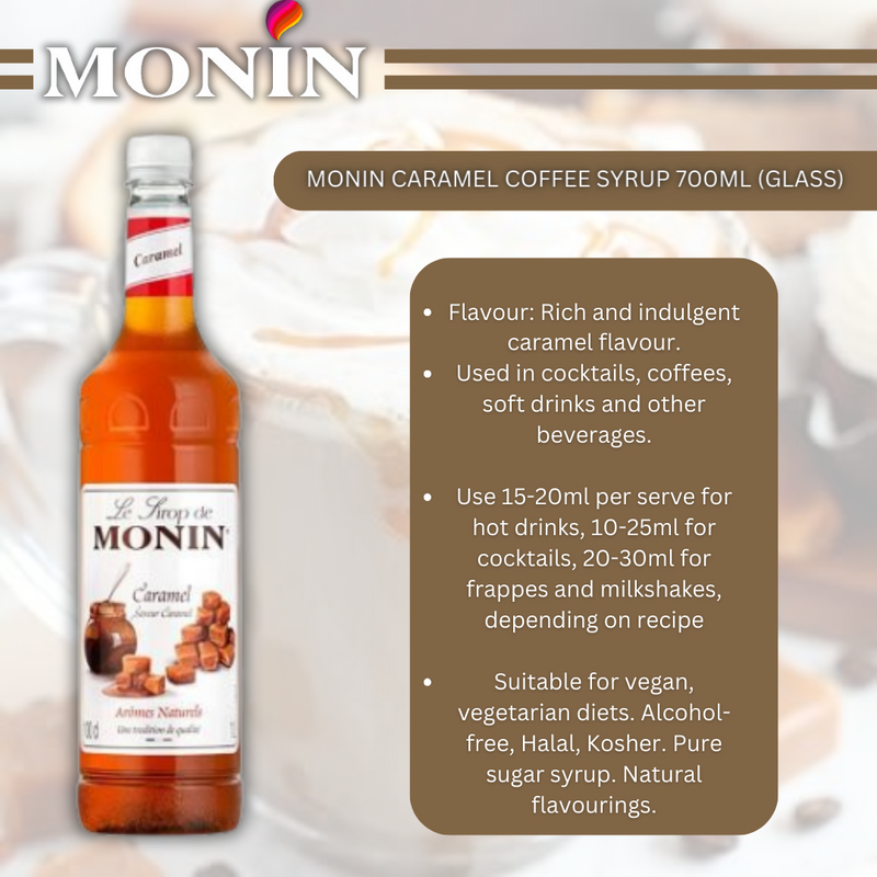 MONIN Premium Caramel Coffee & Cocktail Syrup 700ml Glass Bottle & Discounted Pump Offer