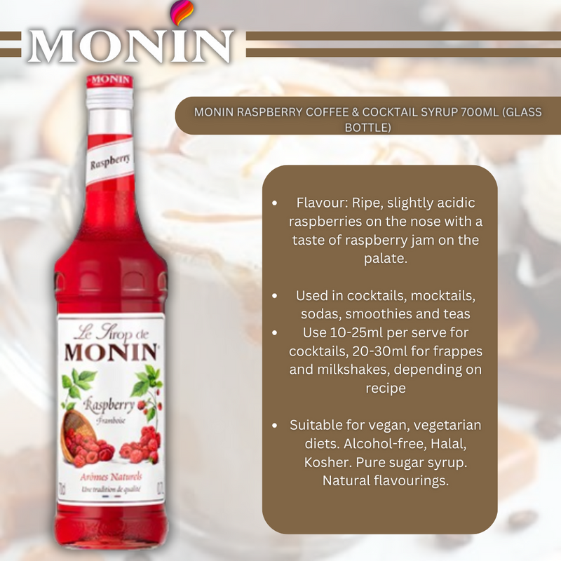 Monin Raspberry Coffee & Cocktail Syrup 700ml (Glass Bottle)