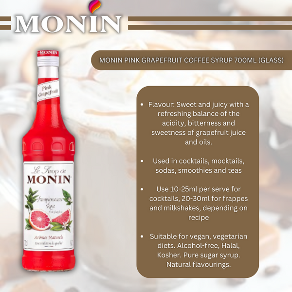 MONIN Pink Grapefruit Syrup Sweet and Juicy 700ml (Glass Bottle)