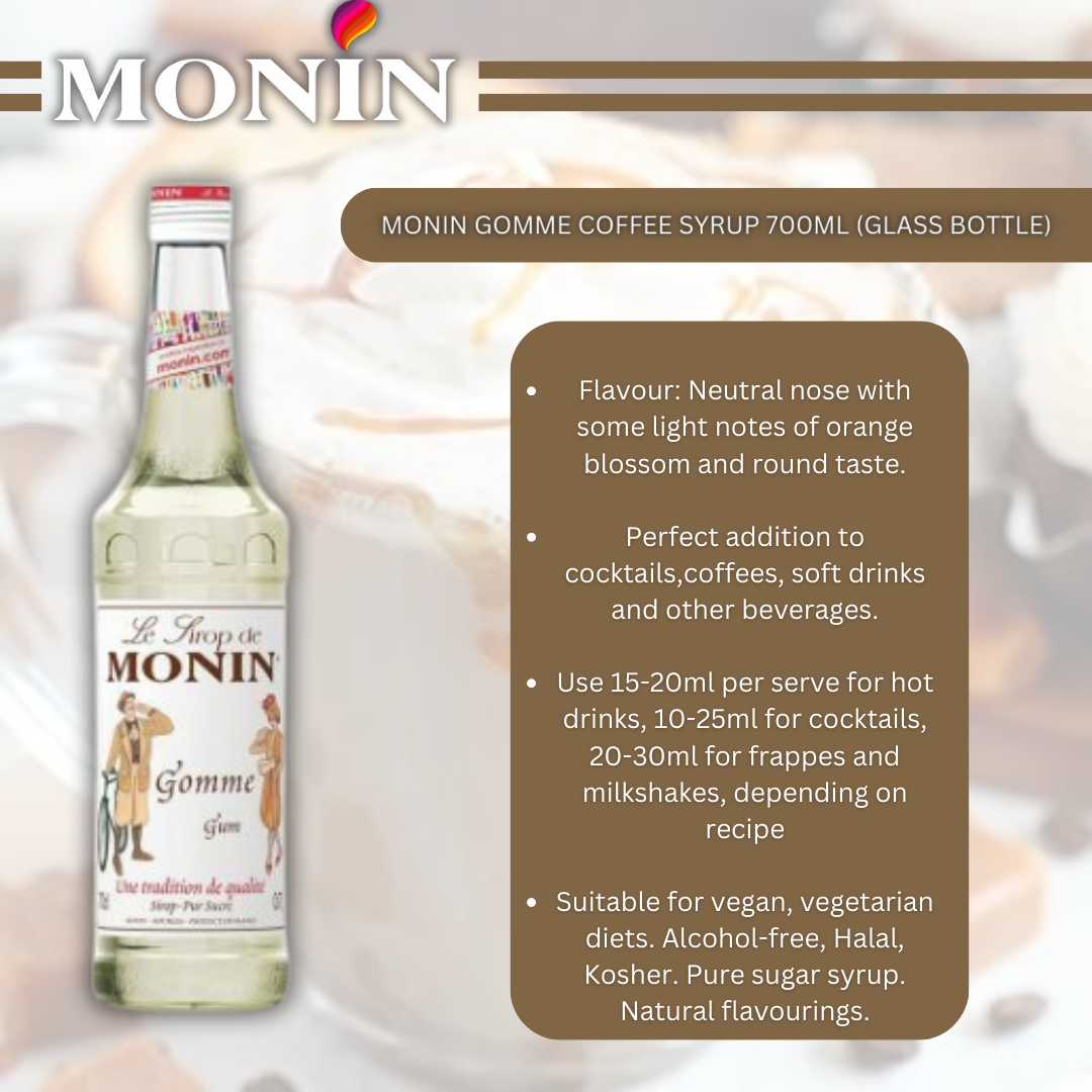 Monin Gomme Coffee Syrup 700ml (Glass Bottle)