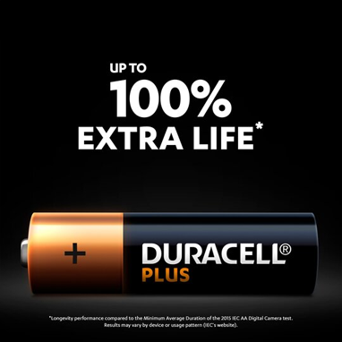 Duracell Plus AA Battery Alkaline 100% Extra Life (Pack of 4) 5009370
