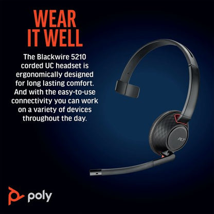 Poly Blackwire 5210 Monaural USB-C/A +3.5mm Headset 8X230AA