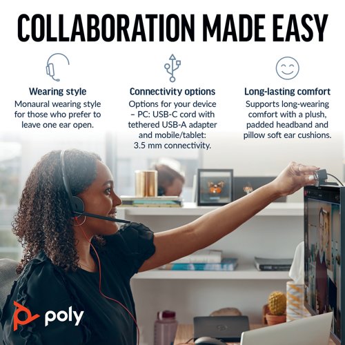 Poly Blackwire 5210 Monaural USB-C/A +3.5mm Headset 8X230AA