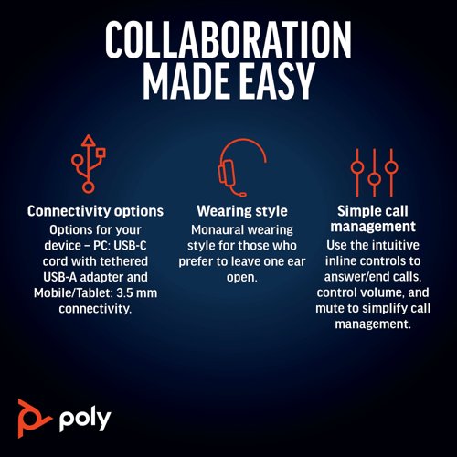 Poly Blackwire 5210 Monaural USB-C/A +3.5mm Headset 8X230AA