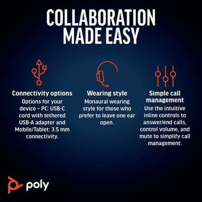 Poly Blackwire 5210 Monaural USB-C/A +3.5mm Headset 8X230AA