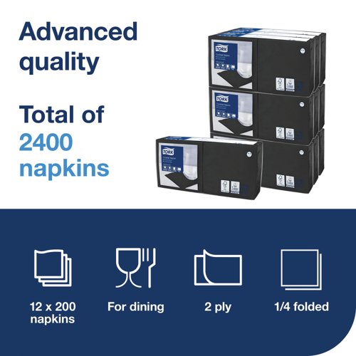 Tork Cocktail Napkins 2-Ply 4 Fold Black Pack of 200 477829