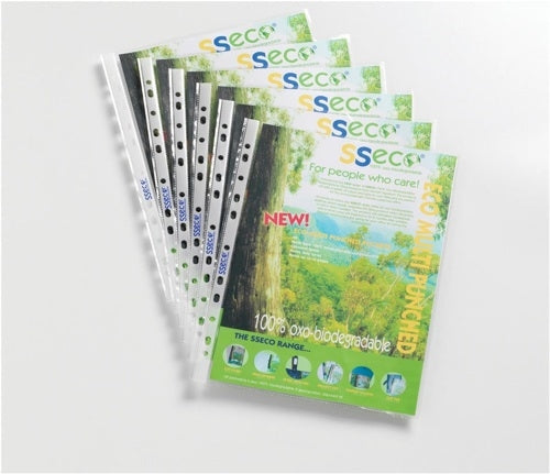 Seco Oxo-biodegradable (A4) Polypropylene Punched Pockets Clear Multipunched Pack of 100