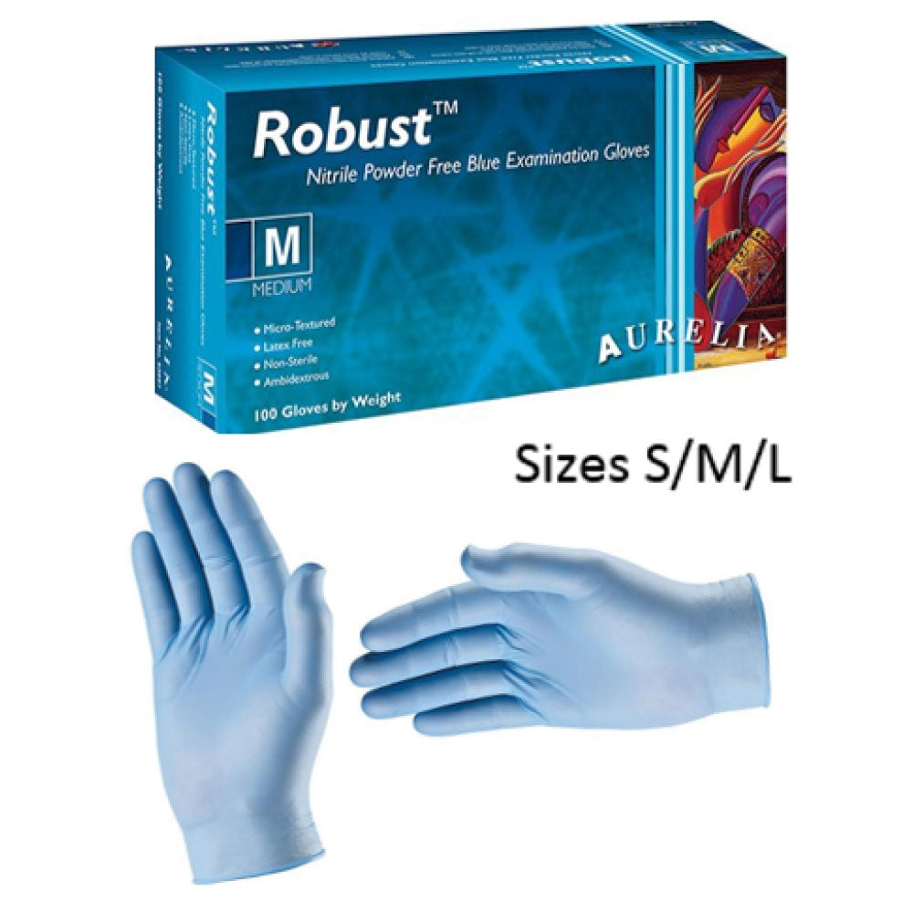 Aurelia Robust Blue "Powder Free" Nitrile Disposable Glove x 100 Size: S/M/L