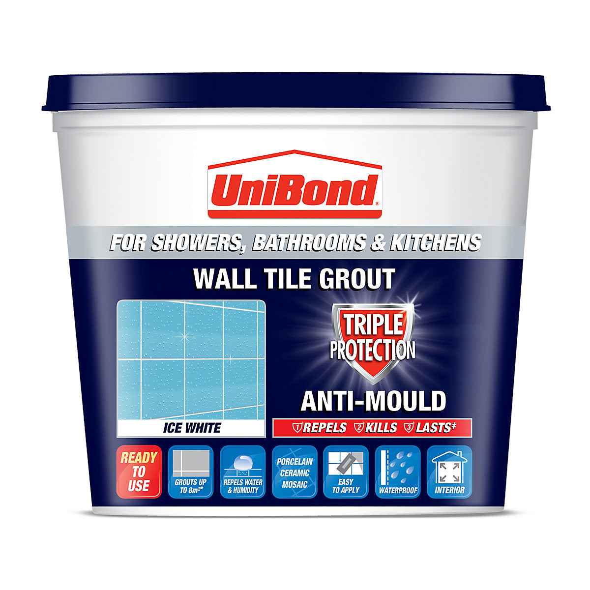 Unibond Triple Protect Anti-Mould Wall Tile Grout - 1.38Kg, Ice White