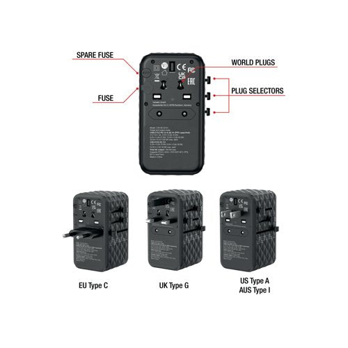 Verbatim UTA-06 GaN III Universal Travel Adapter 2x USB-C PD 100W + QC4+/2x USB-A QC 3.0 Black 32121