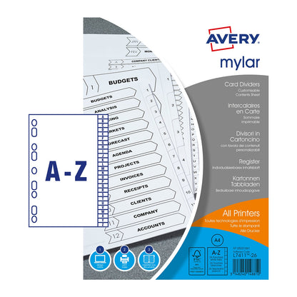 Avery Mylar Divider A-Z A4 Punched 150gsm White Card with White Mylar Tabs 05231061 - ONE CLICK SUPPLIES