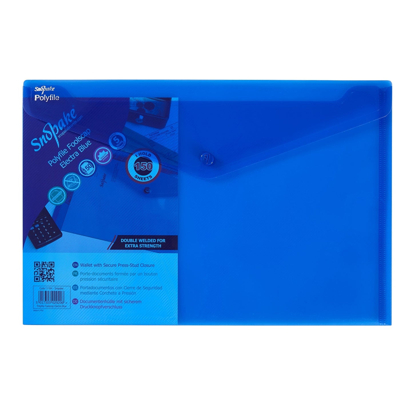 Snopake Polyfile Wallet File Polypropylene Foolscap Electra Blue (Pack 5) - 11164 - ONE CLICK SUPPLIES