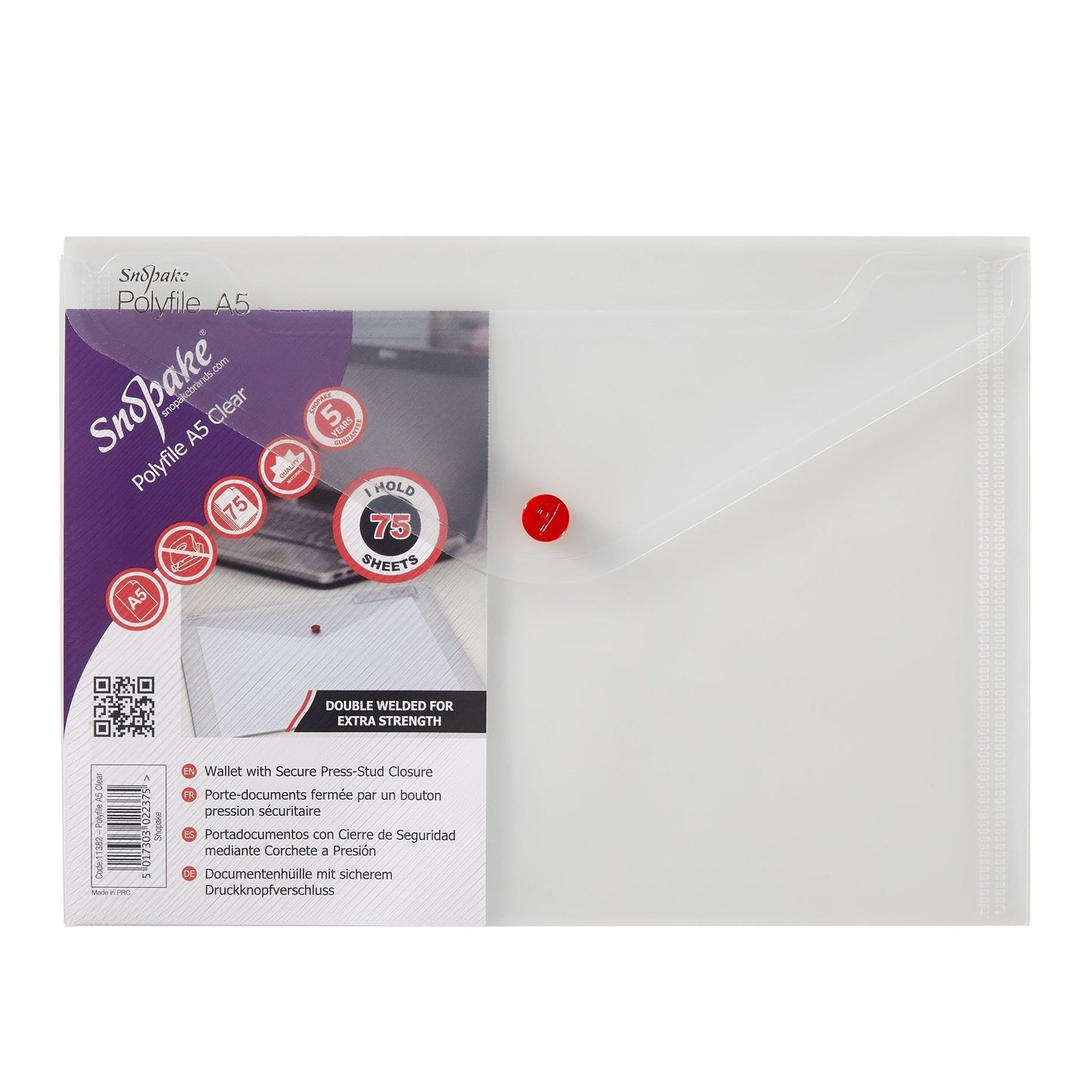 Snopake Polyfile Wallet File Polypropylene A5 Clear (Pack 5) - 11382 - ONE CLICK SUPPLIES