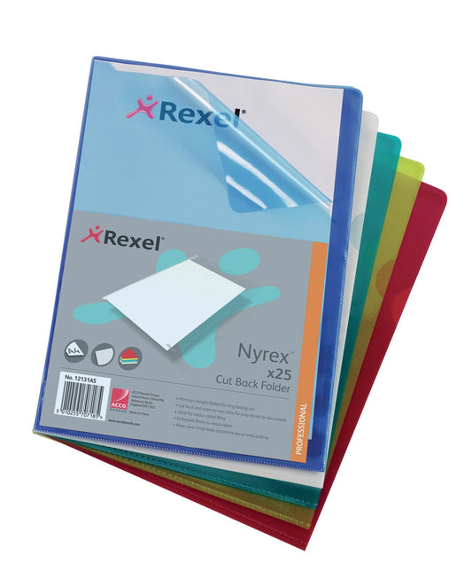 Rexel Nyrex Cut Back Folder Polypropylene A4 120 Micron Assorted (Pack 25) 12131AS - ONE CLICK SUPPLIES