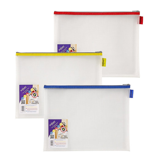 Snopake Mesh Zippa Bag EVA Foolscap 300 Micron Assorted Colours (Pack 3) - 15819 - ONE CLICK SUPPLIES