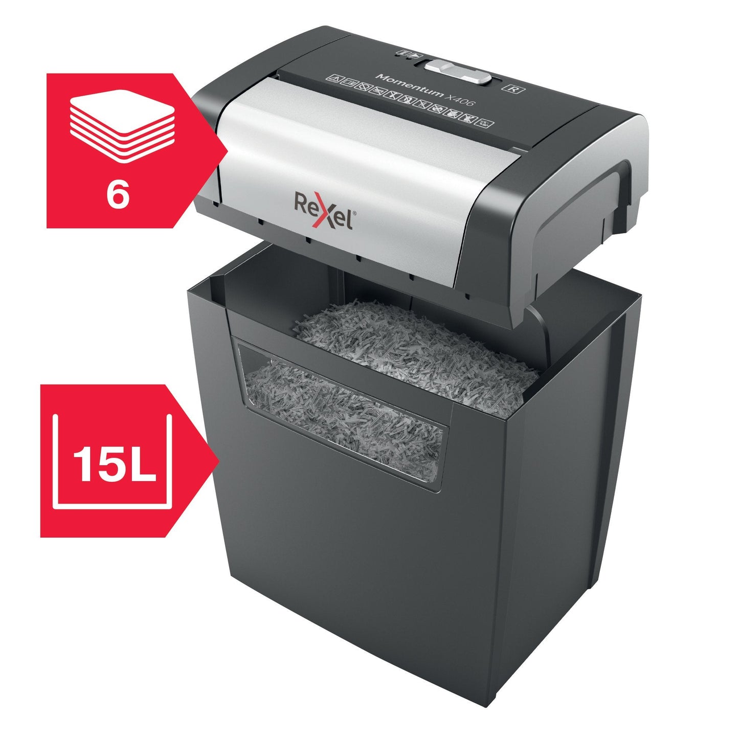 Rexel Momentum X406 Cross Cut Shredder 15 Litre 6 Sheet Black 2104569 - ONE CLICK SUPPLIES