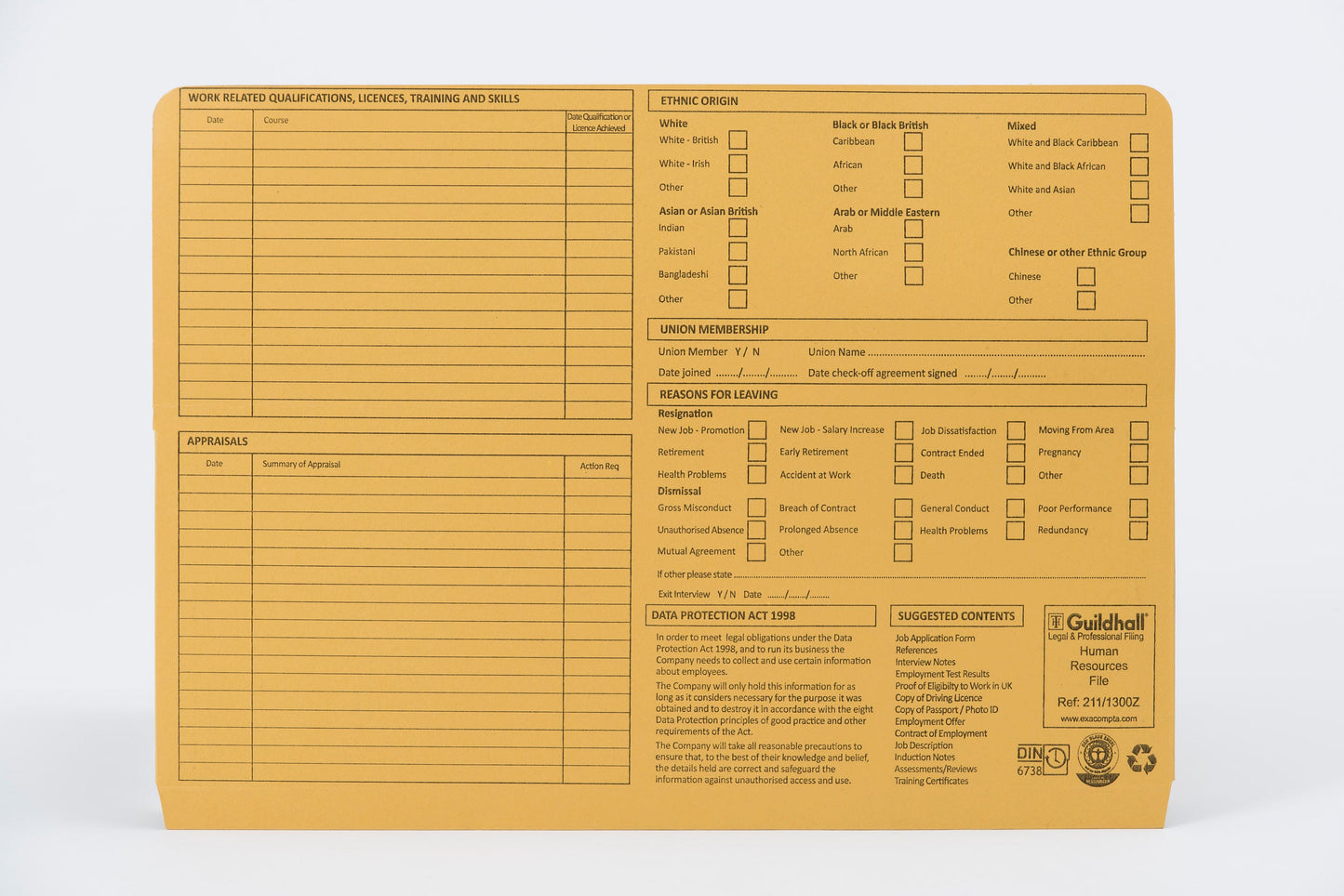 Guildhall Pre-Printed HR File Manilla 244x355mm 315gsm Yellow (Pack 50) - 211/1300Z - ONE CLICK SUPPLIES