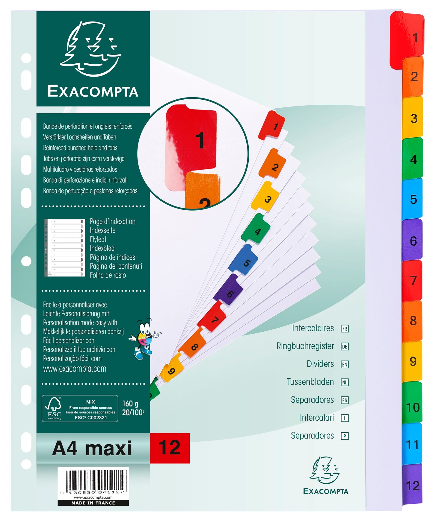 Exacompta Index 1-12 A4 Extra Wide 160gsm Card White with Coloured Plastic Tabs - 4112E - ONE CLICK SUPPLIES