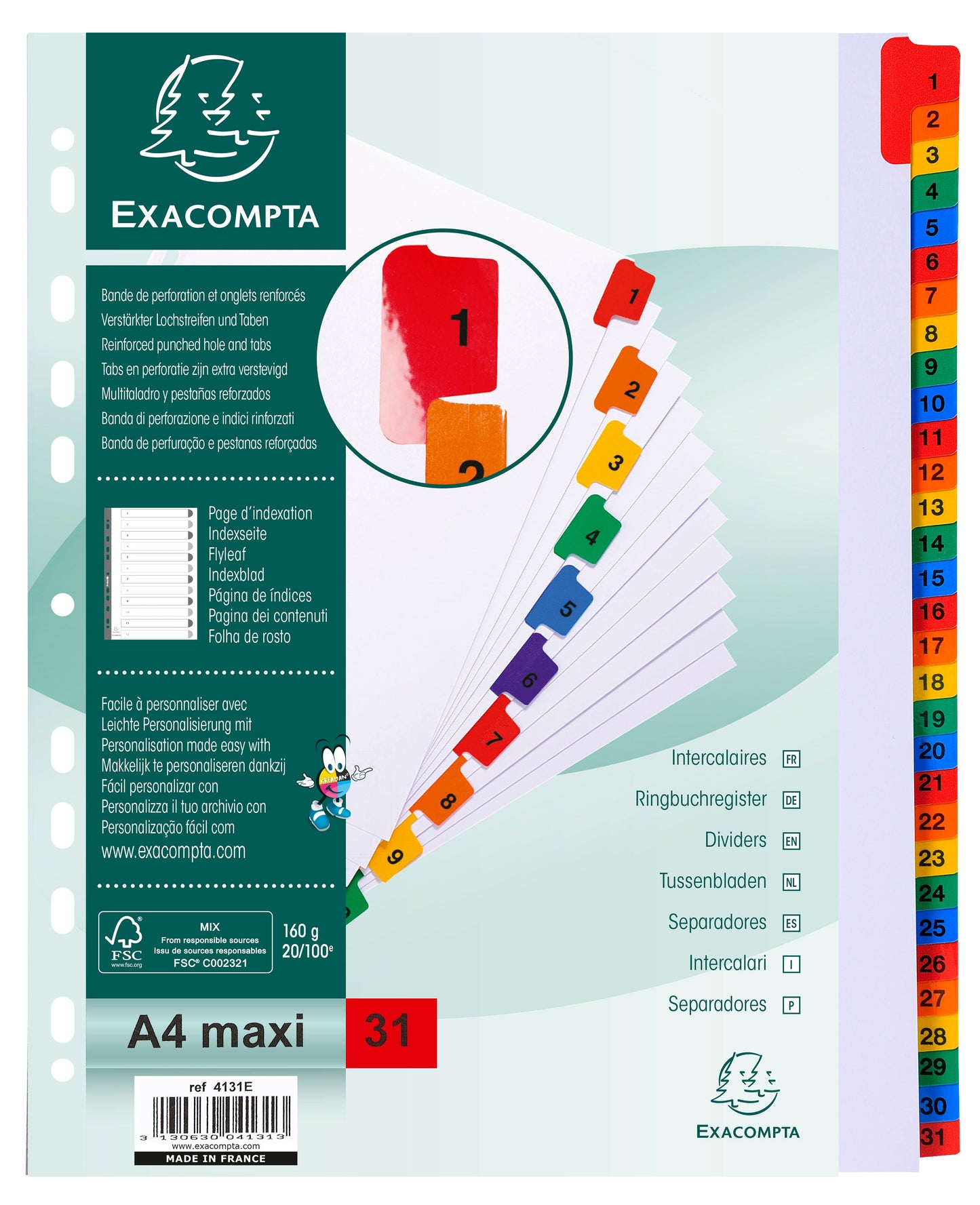 Exacompta Index 1-31 A4 Extra Wide 160gsm Card White with Coloured Mylar Tabs - 4131E - ONE CLICK SUPPLIES