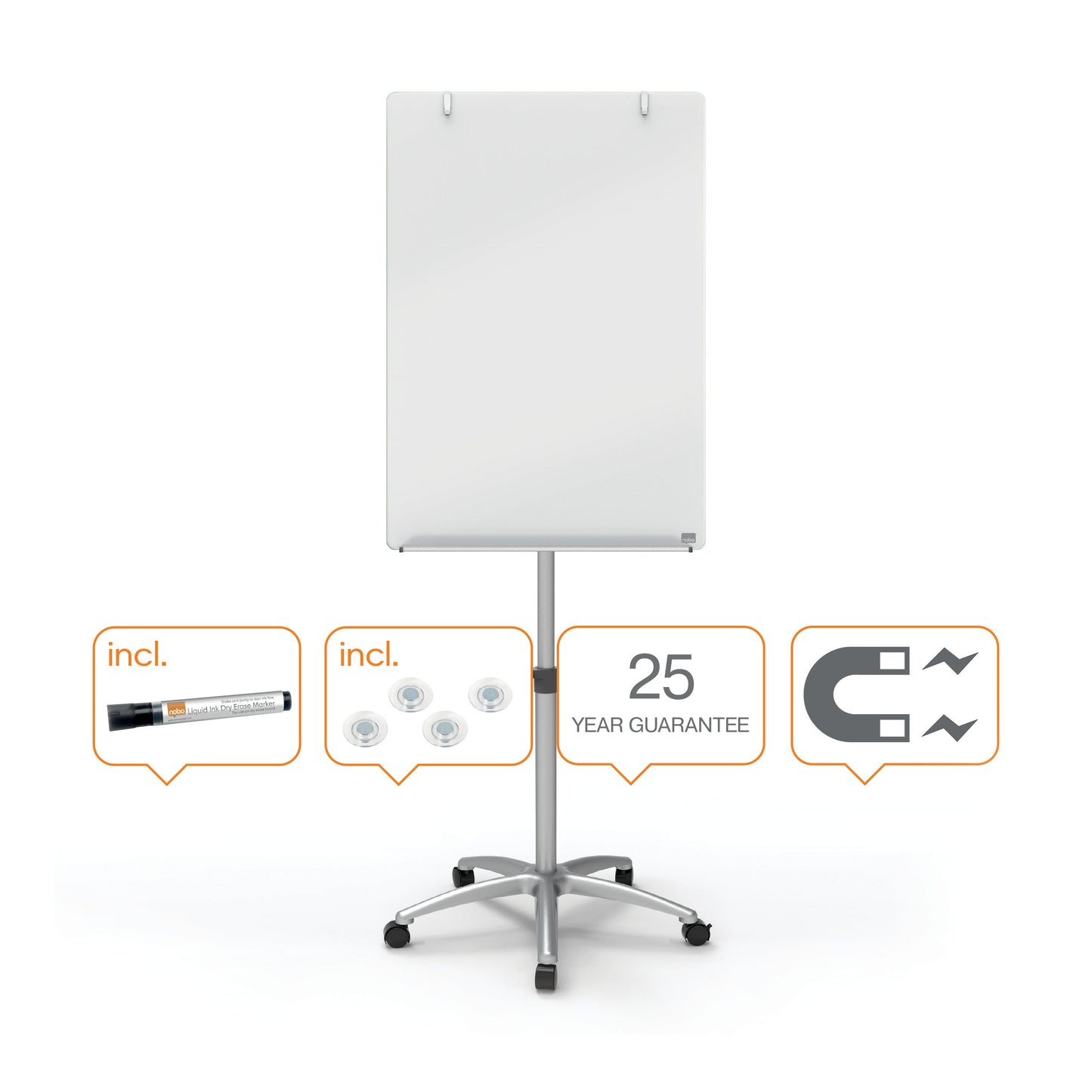 Nobo Glass Mobile Flipchart Easel Magnetic 700x1000mm Silver 1903949 - ONE CLICK SUPPLIES