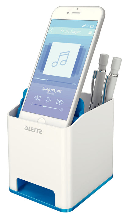 Leitz WOW Dual Colour Sound Pen Holder White/Blue 53631036 - ONE CLICK SUPPLIES