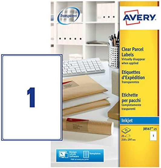 Avery Clear Inkjet Labels 210x297mm J8567-25 (Pack of 25 Labels) - ONE CLICK SUPPLIES