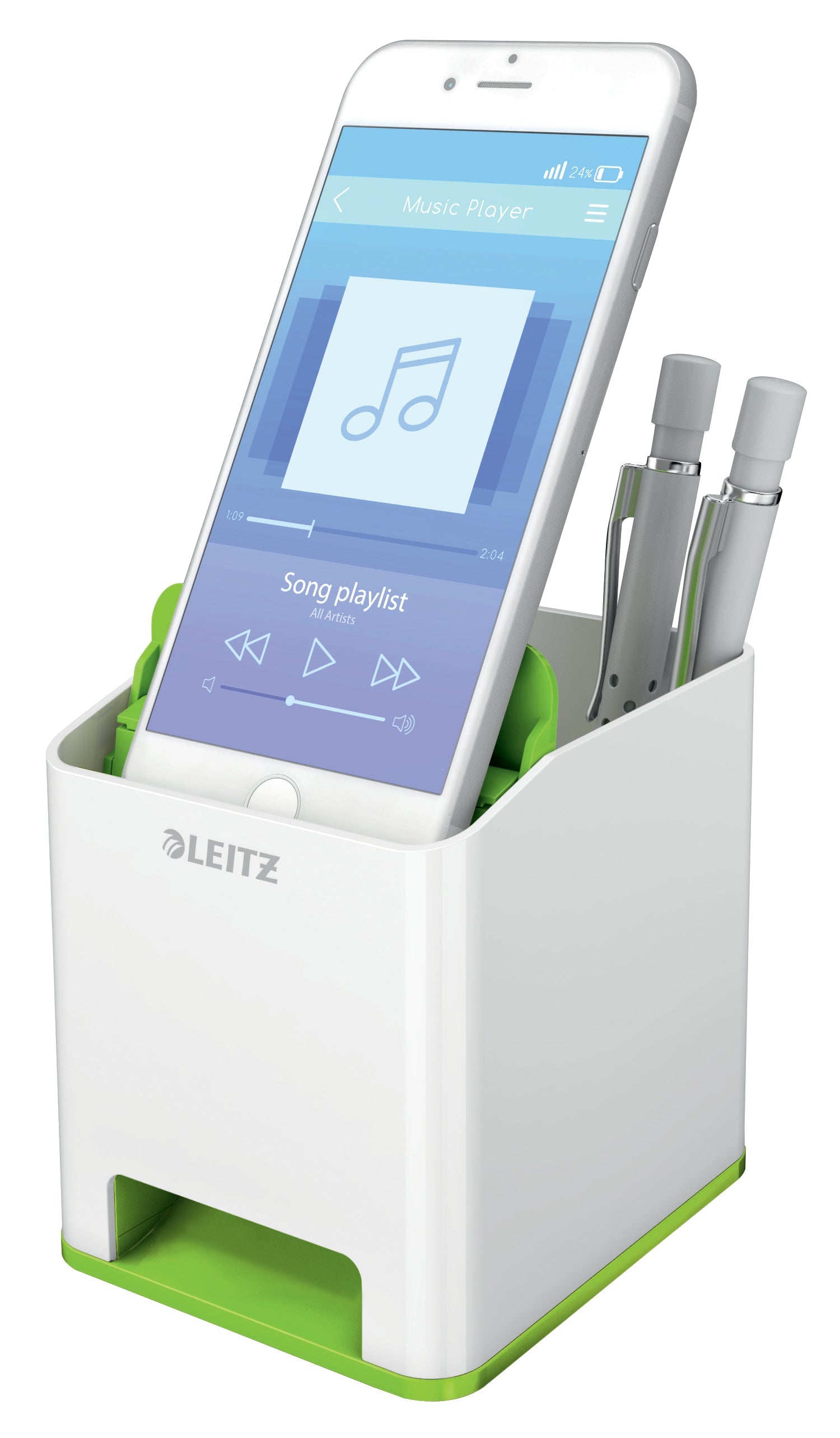 Leitz WOW Dual Colour Sound Pen Holder White/Green 53631054 - ONE CLICK SUPPLIES