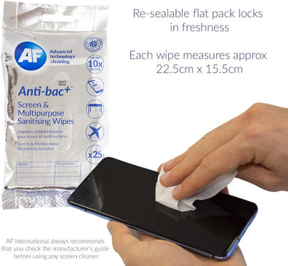 AF Anti-Bac+ Antibacterial Screen Cleaning Wipes â€“ 25 Wet Wipes ABTW025P