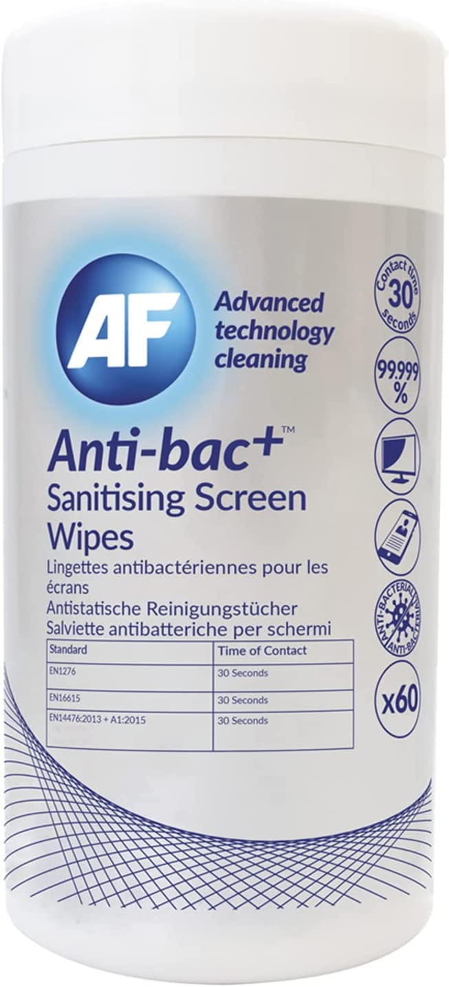 AF Anti-Bac+ Antibacterial Screen Cleaning Wipes â€“ 60 Wet Wipes Resealable Tub ABSCRW60T