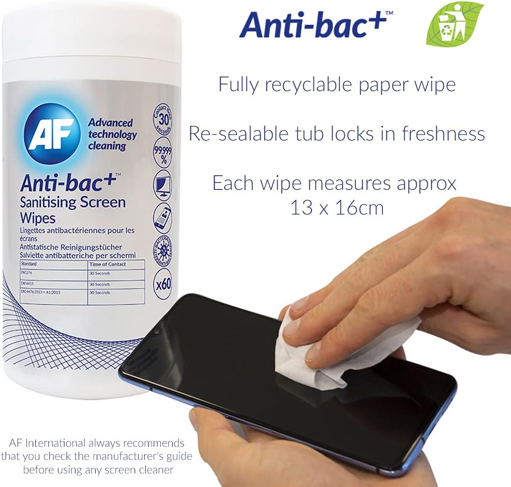 AF Anti-Bac+ Antibacterial Screen Cleaning Wipes â€“ 60 Wet Wipes Resealable Tub ABSCRW60T