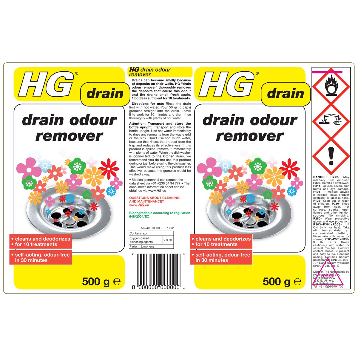 HG Self-Acting Drain Odour Deposit Cleaner, Remover & Freshener Granules 500g