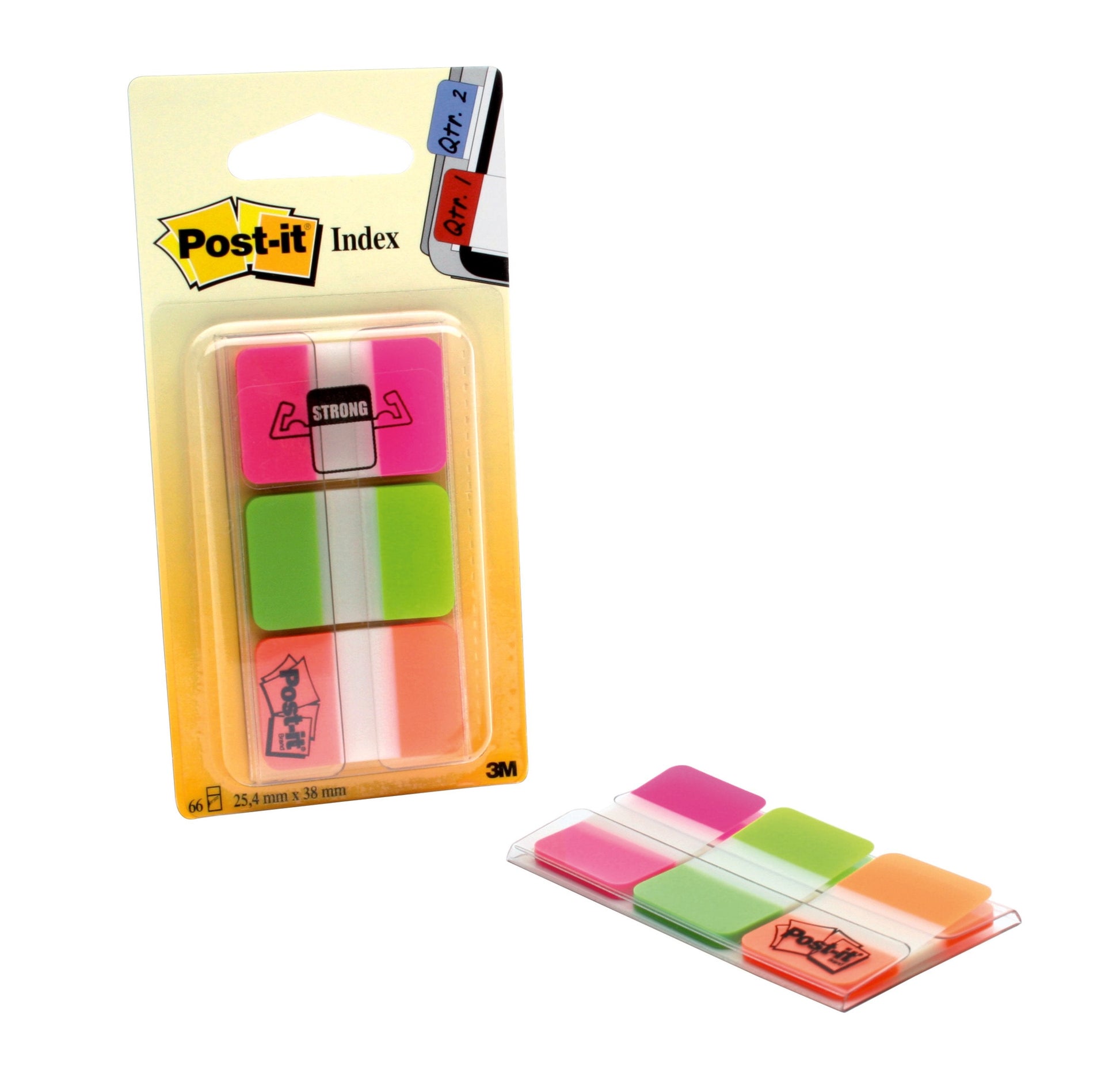 Post-it Index Flags Strong Repositionable 25x38mm 3x22 Tabs Pink Green Orange (Pack 66) 686-PGO - 7000042777 - ONE CLICK SUPPLIES