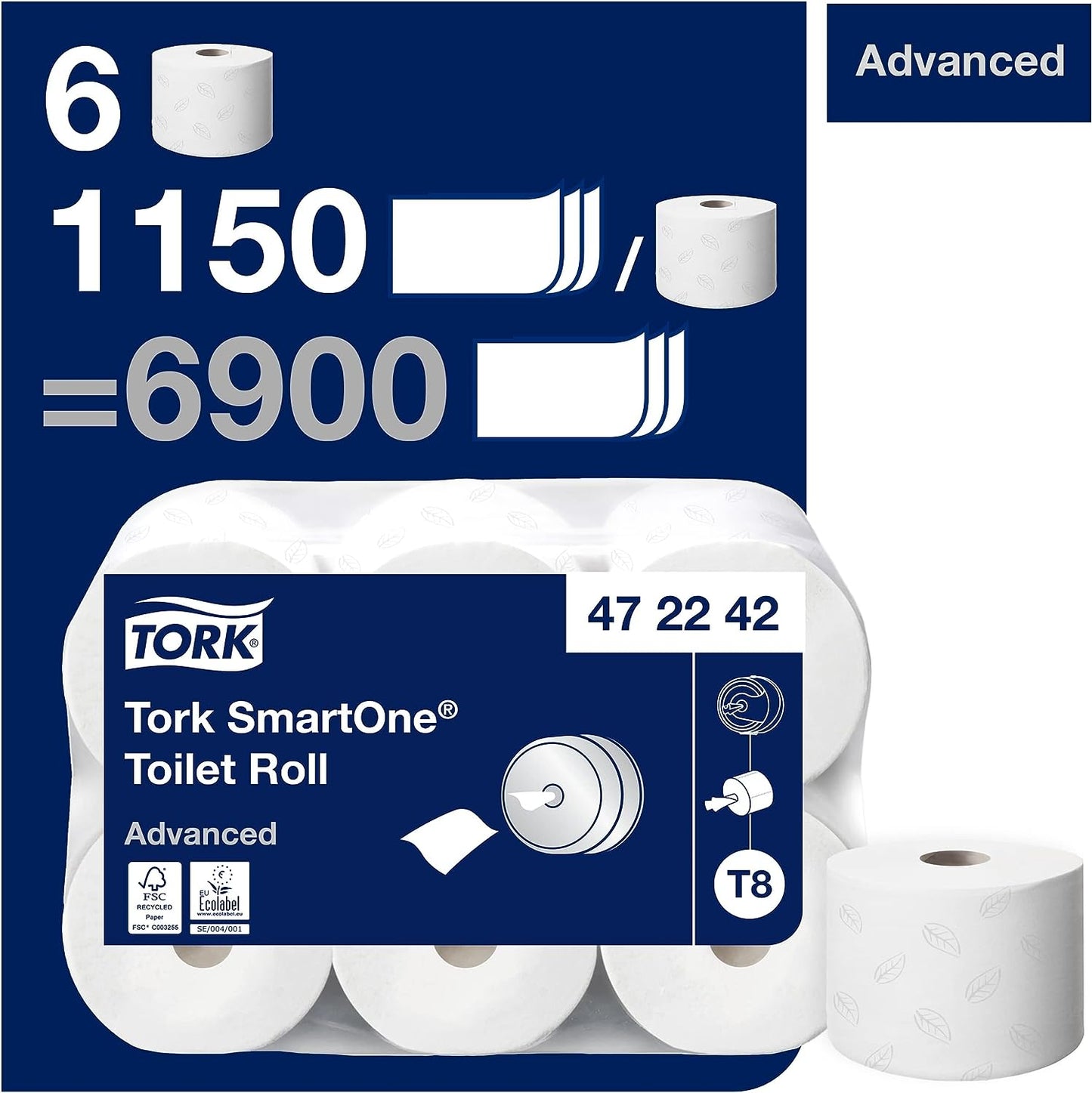 Tork 472242 T8 SmartOne Toilet Roll 2-Ply 1150 Sheets (Pack of 6)