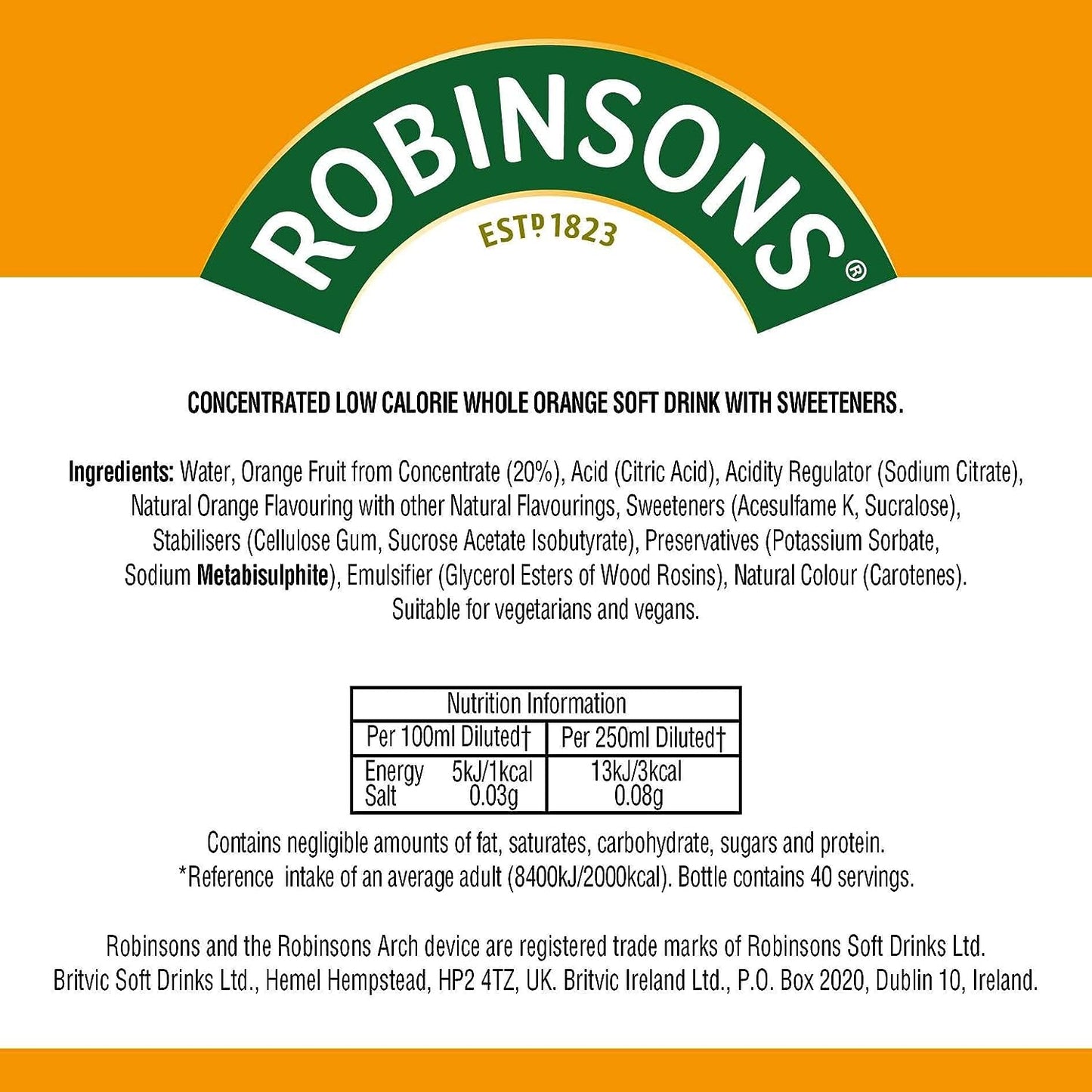 Robinsons Double Concentrate Orange Squash No Added Sugar 1.75 Litre (Pack of 2)