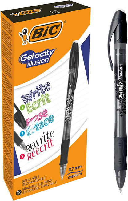 Bic Gel-ocity Illusion Erasable Gel Rollerball Pen 0.7mm Tip 0.3mm Line Black (Pack 12) - 943441