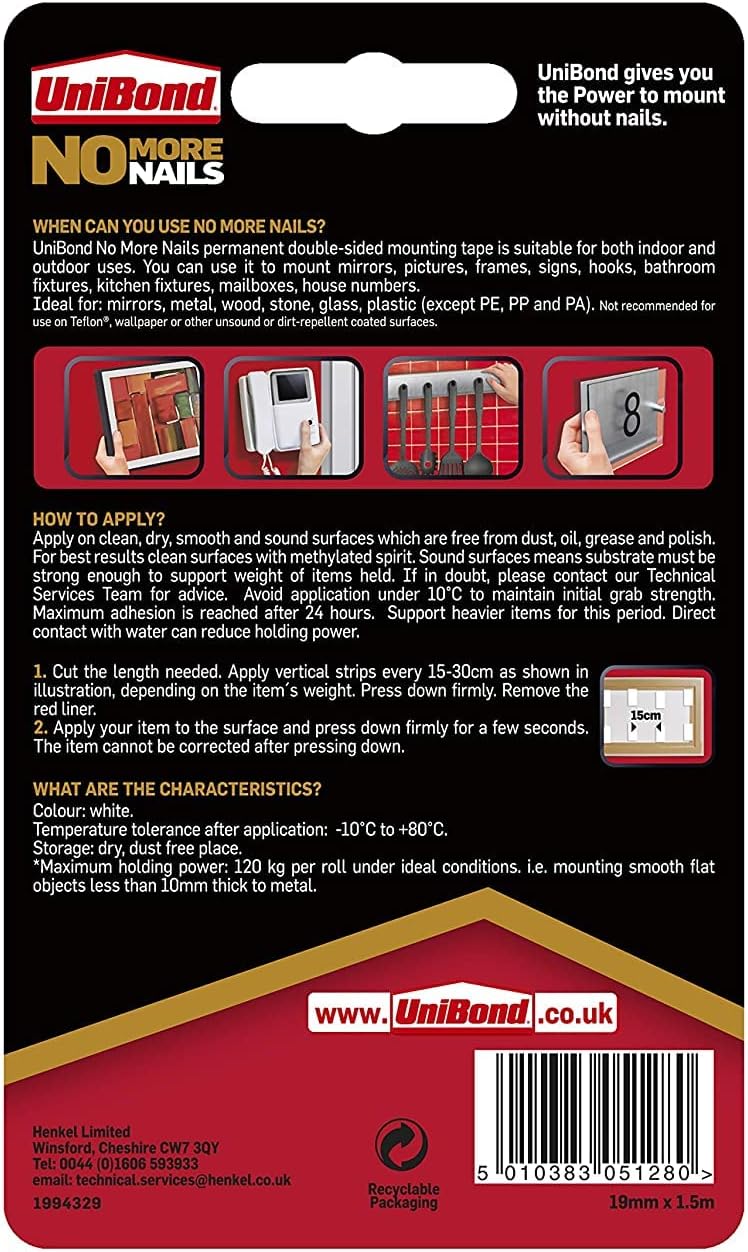 Unibond No More Nails Ultra Strong Roll Permanent 19mm x 1.5m